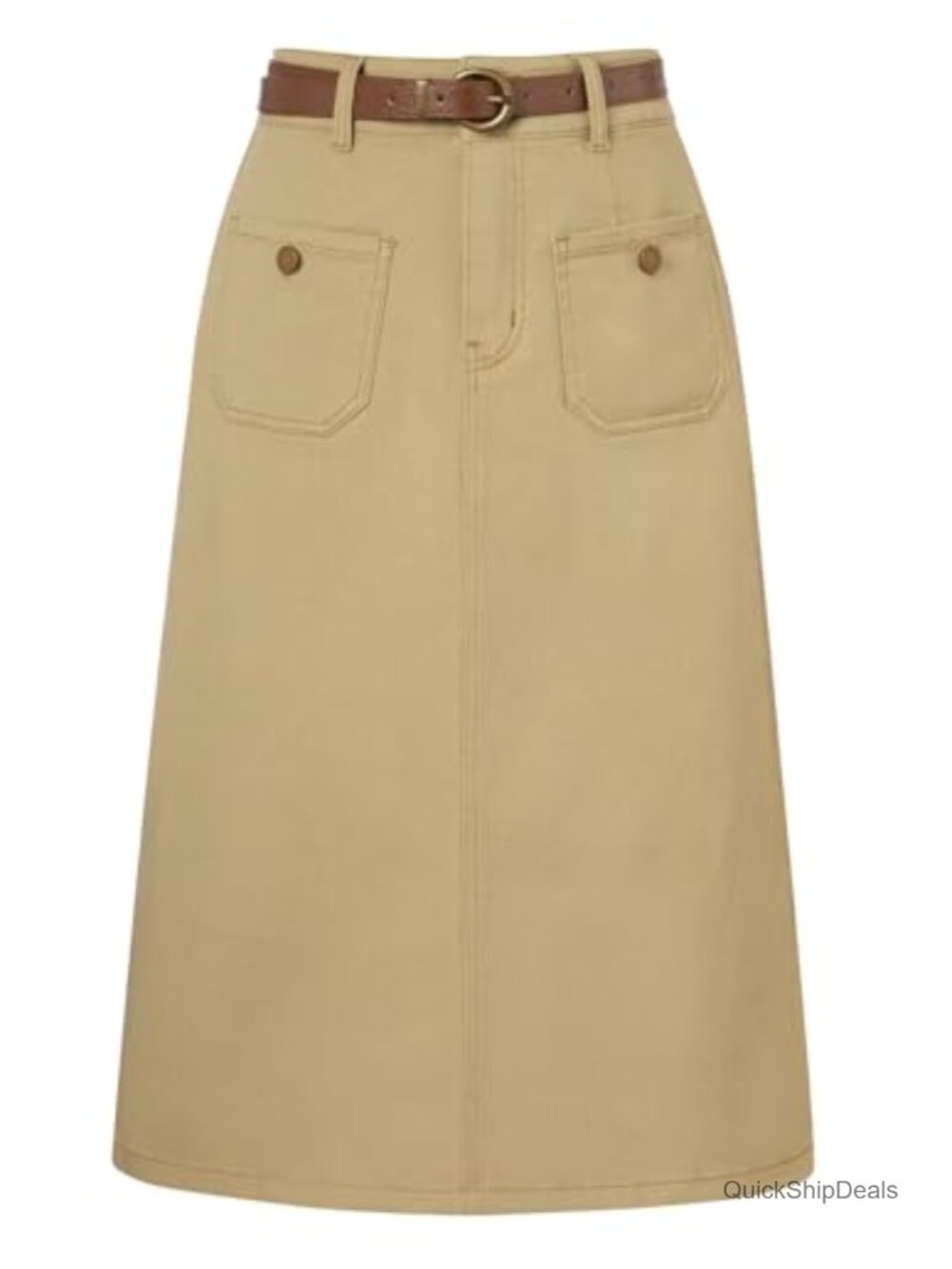 High Waisted Denim Skirt with Belt - Knee Length - Cotton Blend